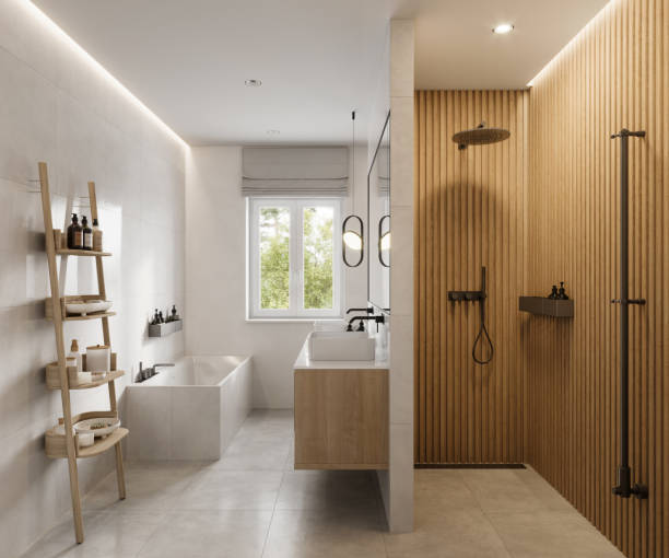 interieur eines luxuriösen badezimmers mit duschbereich und badewanne in 3d - badezimmer stock-fotos und bilder