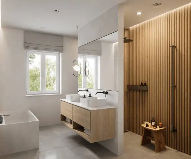 Computer generated image of bathroom interior. Brown paneling in the shower area with white sink and bathtub.