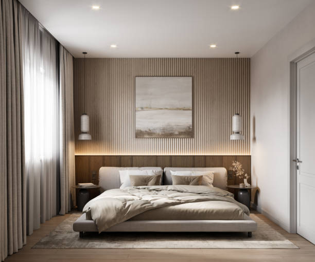 image générée numériquement de l’intérieur d’une chambre à coucher avec un minimum de meubles - hotel room bedding domestic room hotel suite photos et images de collection