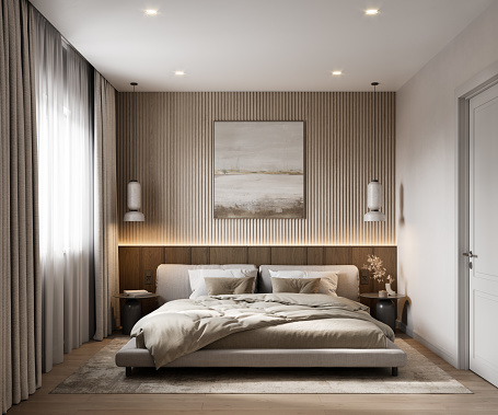 Digitally generated image of a bedroom interiors with minimal furniture. 3D rendering of bedroom with double bed.