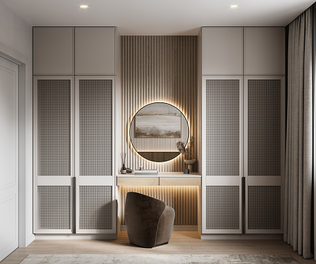 3d rendering of changing room with closets on the sides of a dressing table in the bedroom. Modern dressing table with two wardrobe closets in the bedroom.