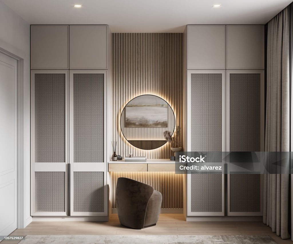Dressing table with two wardrobe closets in the bedroom in 3d render 3d rendering of changing room with closets on the sides of a dressing table in the bedroom. Modern dressing table with two wardrobe closets in the bedroom. Closet Stock Photo