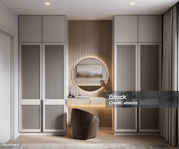 Dressing Table With Two Wardrobe Closets In The Bedroom In 3d Render Stock Photo - Download Image Now