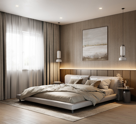 Computer graphics of a luxury bedroom with double bed and wood paneling on the wall. 3D rendering of large and elegant bedroom interiors.