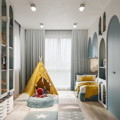 3d render of kids room with the multicolored interior.    Computer-generated image of children's room with toy teepee tent and soft toy octopus on a ottoman stool.