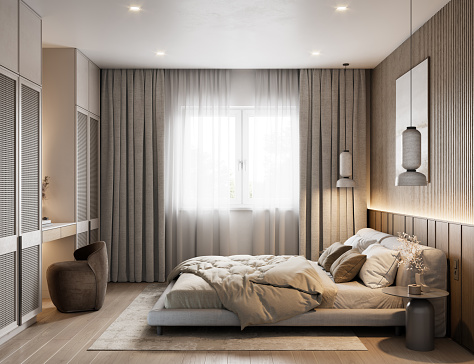 3d rendering of a modern bedroom with wardrobes, dressing table, large curtains on the window. Computer generated image of bedroom interior.