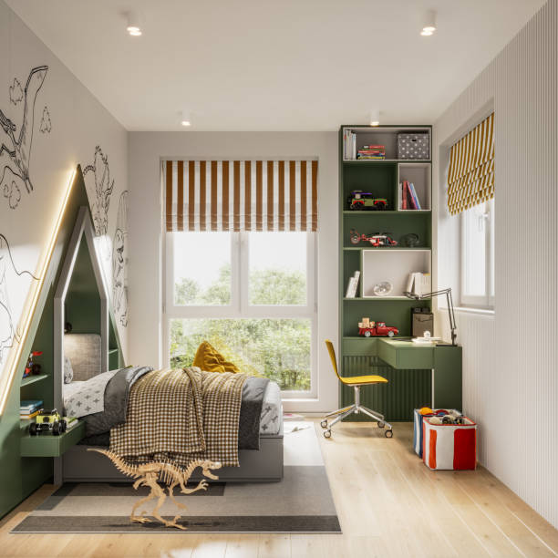 Computer-generated image of kids room in Dinosaurs theme interior design
