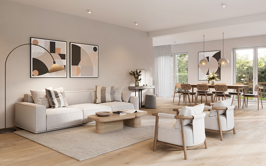 Imagen generada digitalmente de una sala de estar completamente amueblada photo