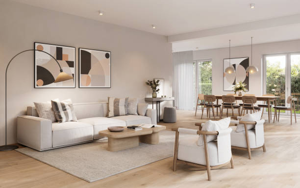 imagem gerada digitalmente de uma sala de estar totalmente mobiliada - loft apartment living room contemporary house - fotografias e filmes do acervo