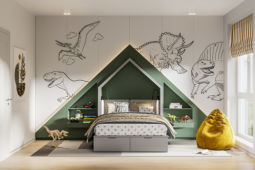 Computer-generated image of kids room in Dinosaurs theme interior design. White and green kids room with bed and storage shelves on side in 3d rendering.