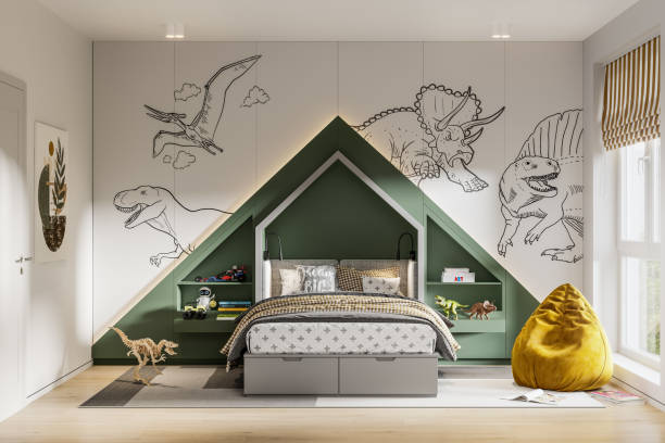 Dinosaurs theme kids room interior in 3d render Computer-generated image of kids room in Dinosaurs theme interior design. White and green kids room with bed and storage shelves on side in 3d rendering. nursery bedroom stock pictures, royalty-free photos & images