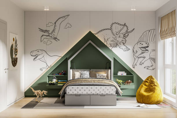 dinozaury motyw wnętrza pokoju dziecięcego w renderze 3d - sypialnia obrazy zdjęcia i obrazy z banku zdjęć
