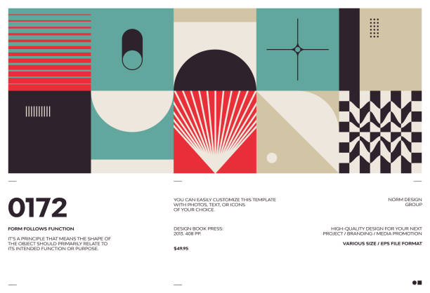 Swiss Poster Design Template With Abstract Geometric Shapes Swiss poster design template layout with clean typography and minimal vector pattern with colorful abstract geometric shapes. Great for branding, presentation, album print, website header, web banner. editorial stock illustrations