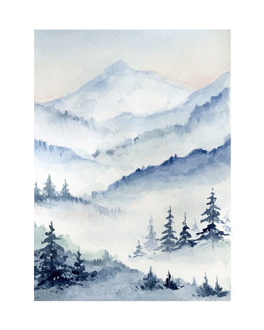 Watercolor vector winter landscape with mountains and forest. Hand painted illustration for greeting floral cards and invitations isolated on white background.