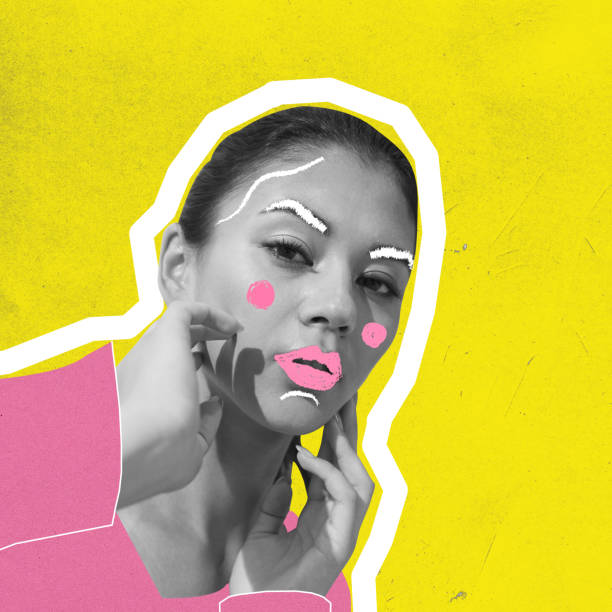 istock Modern artwork, contemporary collage of young tender woman with drawn make up elements isolated over yellow background. Retro style 1357530565