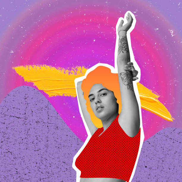 istock Creatove artwork, comtemporary art collage of young woman with drawn elements isolated over multicolored background 1357530590