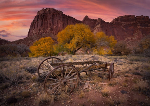 Old wagon at Capitol Reef National Park Old wagon at Capitol Reef National Park capitol reef national park stock pictures, royalty-free photos & images