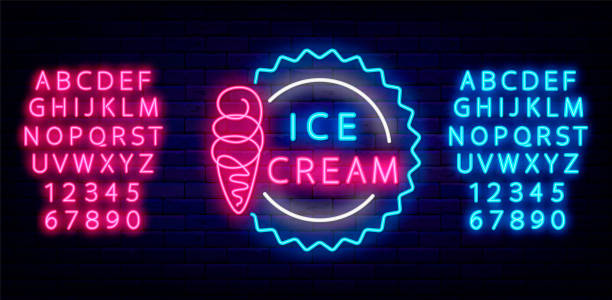 Ice cream cone neon sign with shiny alphabet. Candy shop emblem. Summer dessert. Isolated vector illustration Ice cream cone neon sign with shiny alphabet. Candy shop emblem. Summer dessert. Night bright signboard on brick wall background. Luminous label. Editable stroke. Isolated vector stock illustration neon sign ice cream stock illustrations