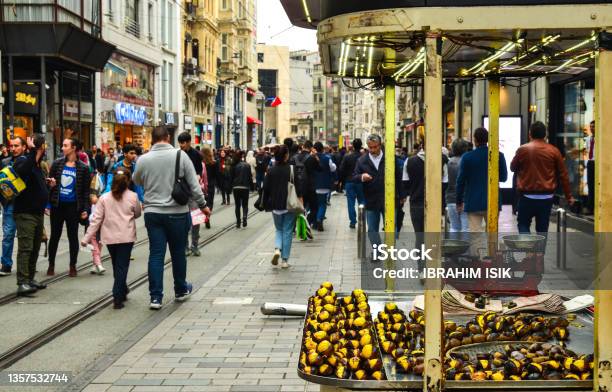 Istiklal Street And Chestnut Shops Stock Photo - Download Image Now - Istanbul, Istiklal Avenue, Taksim Square