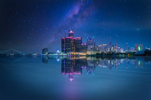 Detroit skyline by night and lights stock photo