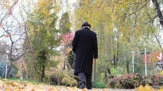 Street walk of a lonely grandfather with a stick in the autumn park.