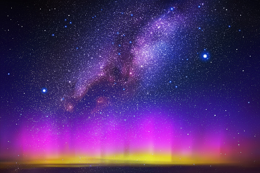 Milky Way and Northern light. Purple aurora borealis