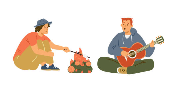 숲에서 관광객은 불을 하고 노래를 노래, 평평한 벡터 일러스트 고립. - bonfire people campfire men stock illustrations