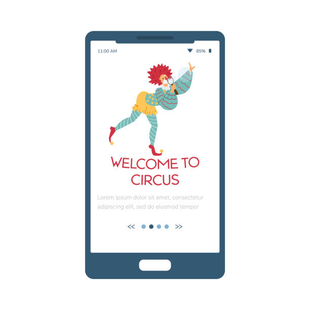 симпатичный клоун, взрывающий мыльные пузыри, шаблон пользовательского интерфейса в мобильном приложении, плоская векторная иллюстрация. - clown circus telephone humor stock illustrations