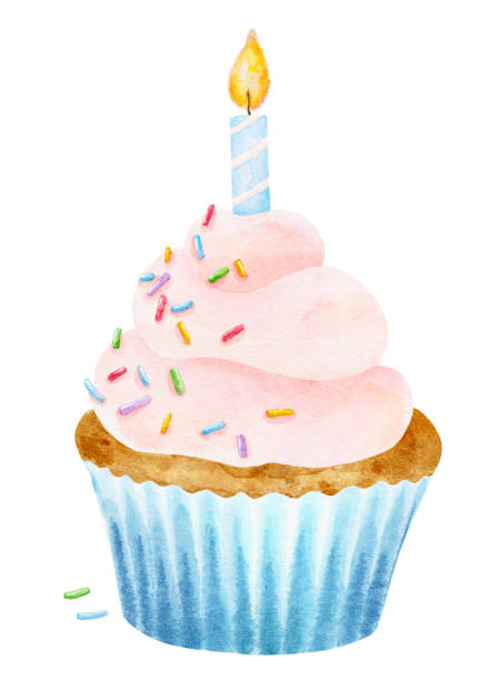 акварельный вкусный кекс с разноцветными посыпками и праздничной свечой, изолированной на белом фоне. - cupcake sprinkles baking baked stock illustrations