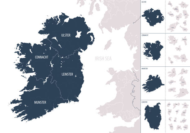 ilustraciones, imágenes clip art, dibujos animados e iconos de stock de mapa detallado de color vectorial de irlanda con divisiones administrativas del país, cada provincia se presenta por separado en gran detalle y dividido en condados - munster