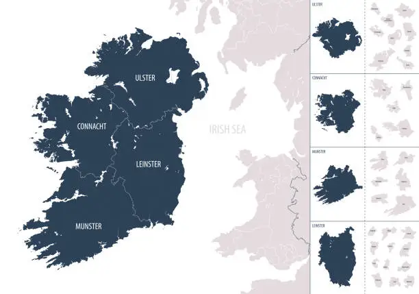 Vector illustration of Vector color detailed map of Ireland with administrative divisions of the country, each provinces is presented separately in-highly detailed and divided into counties
