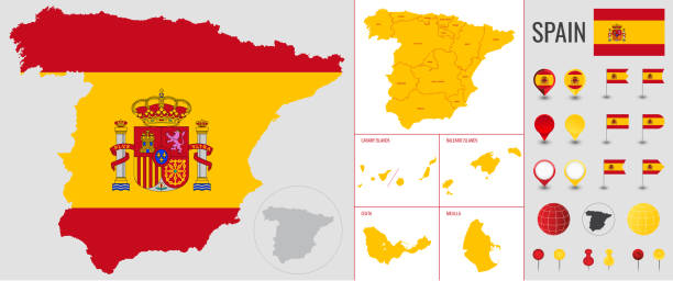 Map of Spain and islands in the colors of the country flag, with icons, flags, globe on a white background, vector illustration Map of Spain and islands in the colors of the country flag, with icons, flags, globe on a white background, vector illustration ceuta map stock illustrations