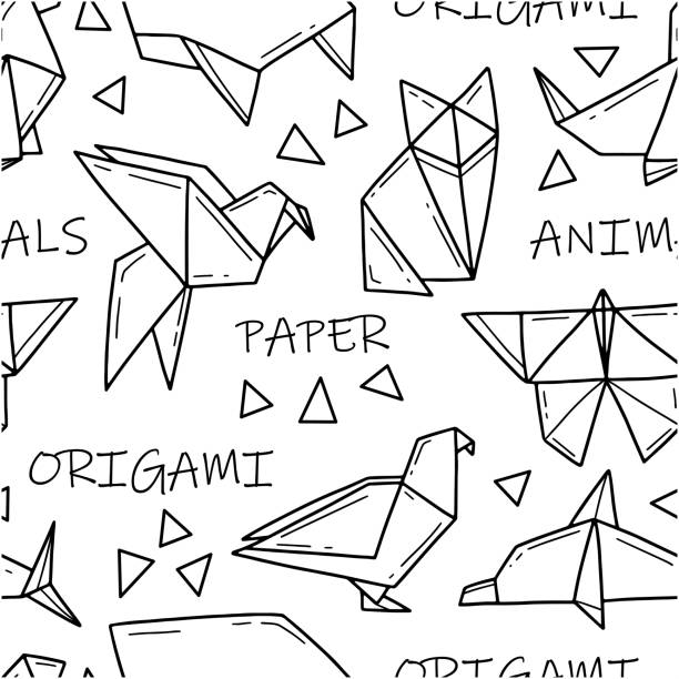 Seamless black and white pattern with origami animals, lettering and shapes in simple doodle style. Vector illustration background. Seamless black and white pattern with origami animals, lettering and shapes in simple doodle style. Vector illustration background simple butterfly outline pictures stock illustrations