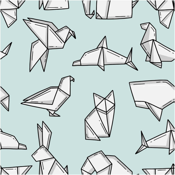 Seamless pattern with origami animals in a simple doodle style on a light blue background. Vector illustration background. Seamless pattern with origami animals in a simple doodle style on a light blue background. Vector illustration background simple butterfly outline pictures stock illustrations