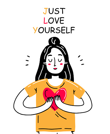 Happy girl holding a heart in the rock with the inscription just love yourself. Vector illustration with self-love character