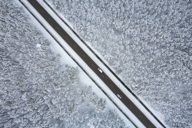 istock Black road and trees with chill snow in mountains 1357535755