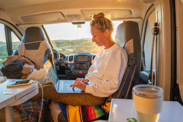 istock Woman working online from her Campervan 1357537596