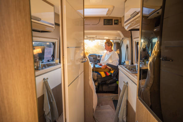 istock Wide angle on young woman working online from her Campervan 1357538192