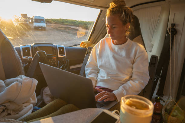 istock Woman working online from her Campervan 1357538265