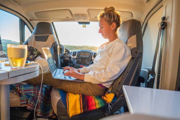 istock Woman working online from her Campervan 1357538543