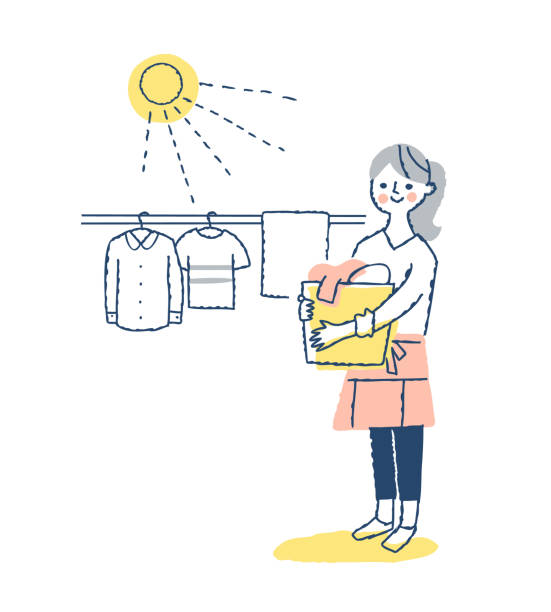 frau zum aufhängen von wäsche - laundry clothing clothesline hanging stock-grafiken, -clipart, -cartoons und -symbole