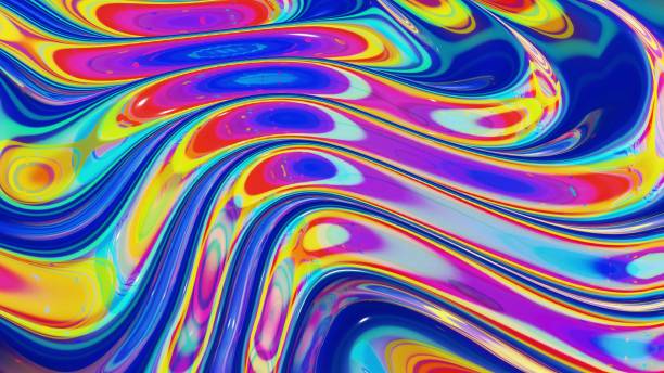 istock 3d render. Liquid pattern like waves. 3D stylish abstract iridescent bg of wavy surface like brilliant liquid glass with rainbow beautiful gradient colors. Trendy colorful fluid 1357541716