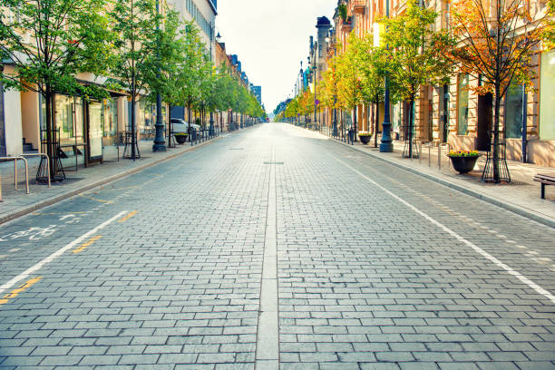 City street with empty morning road with no people in Europe, Lithuania, Vilnius