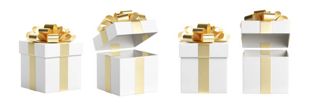 Set of white gift box with gold ribbon and bow 3D rendering