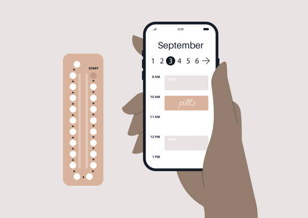 antibabypillen, eine hand, die ein mobiltelefon mit einem auf dem bildschirm angezeigten kalender hält - contraceptive pill birth control pill sex education stock-grafiken, -clipart, -cartoons und -symbole