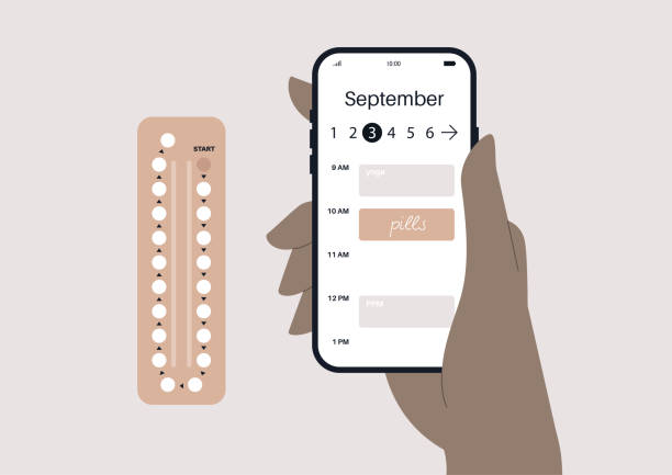 pigułki antykoncepcyjne, ręka trzymająca telefon komórkowy z kalendarzem wyświetlanym na ekranie - sex education condom contraceptive sex stock illustrations