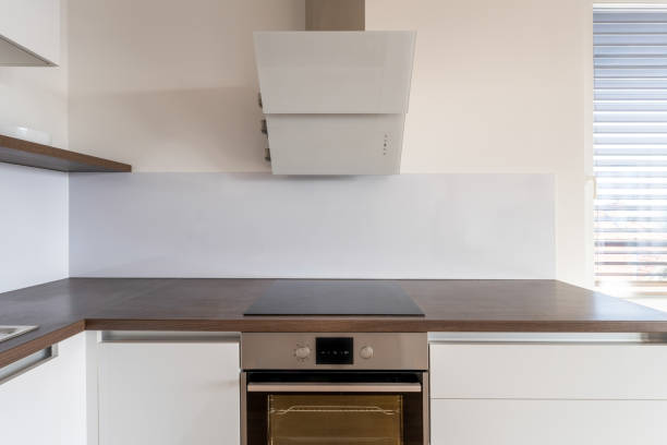 Photo of a minimalist, clean kitchen countertop with an induction stove, oven and kitchen hood.