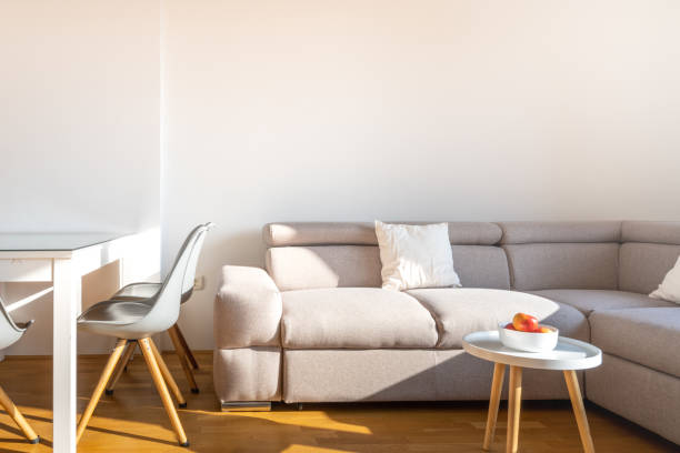 Dining table and couch in a modern bright apartment