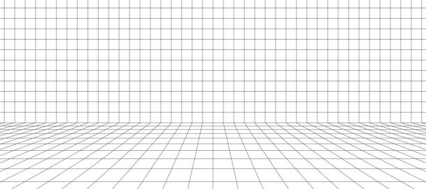 illustrations, cliparts, dessins animés et icônes de salle de grille filaire 3d. grille laser de perspective 3d. fond blanc du cyberespace avec maille noire. espace de couloir numérique futuriste en réalité virtuelle. illustration vectorielle - effet de perspective
