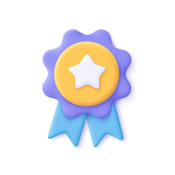 ilustraciones, imágenes clip art, dibujos animados e iconos de stock de medalla de ganador con estrella y cinta. icono vectorial 3d. estilo minimalista de dibujos animados. calidad premium, símbolo de garantía de calidad. - medal